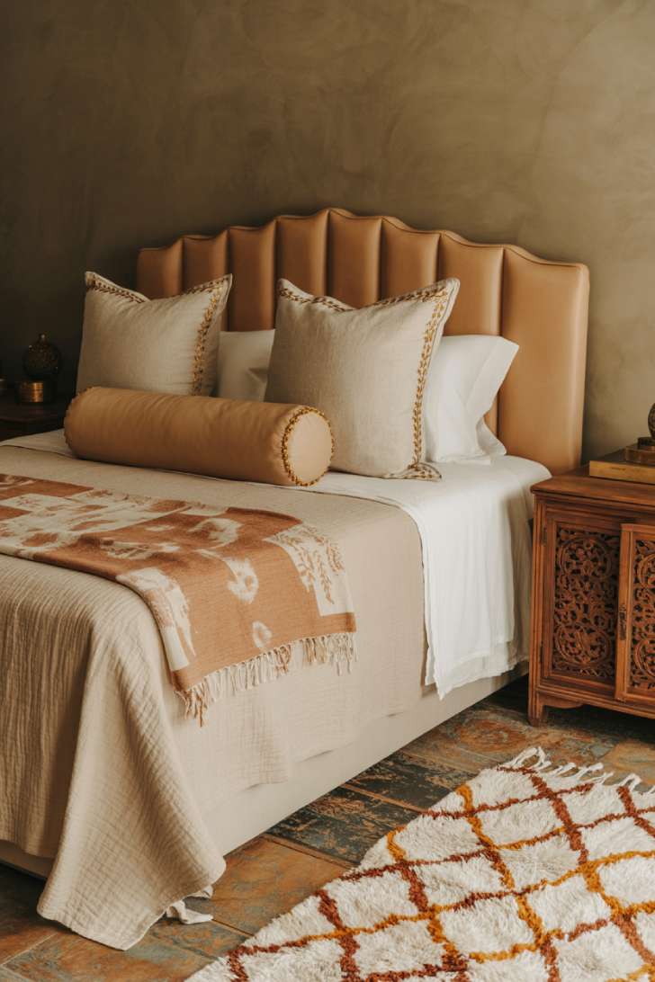 11 Charming Neutral Guest Bedroom Ideas for Warm Welcomes 6 A global-eclectic guest bedroom with a cognac leather headboard, Moroccan wool rug, carved walnut nightstand, and hammered brass lamp