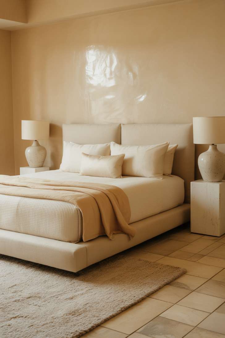 11 Charming Neutral Guest Bedroom Ideas for Warm Welcomes 8 A spa-like guest bedroom with venetian plaster walls, a platform bed in sand microfiber, a large-format porcelain tile floor, and blackout linen curtains