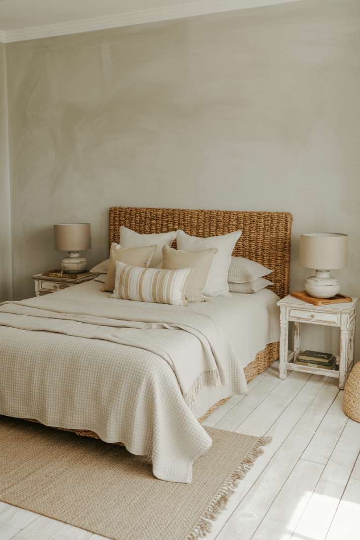11 Charming Neutral Guest Bedroom Ideas for Warm Welcomes 9 A coastal guest bedroom with a woven seagrass headboard, bleached white oak floors, sheer white linen panels, and a tiny succulent in a sandy ceramic pot
