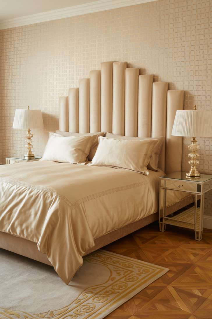 11 Charming Neutral Guest Bedroom Ideas for Warm Welcomes 10 An Art Deco-inspired guest bedroom with an oyster silk velvet headboard, geometric patterned wallpaper with metallic sheen, mirrored nightstands, and crystal table lamps