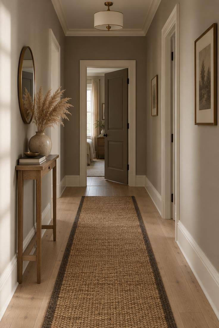 11 Calm Neutral Hallway Ideas for a Welcoming Come-Home 1 Narrow hallway with greige walls, a darker greige door at the end, warm white trim, and a jute runner on pale wood floors.