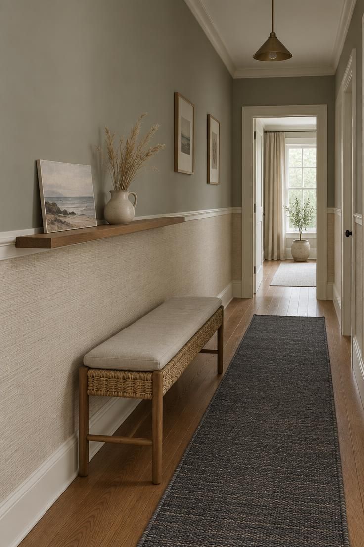 11 Calm Neutral Hallway Ideas for a Welcoming Come-Home 2 Narrow hallway with greige walls above a painted off-white low rail, pale oat grasscloth-style wallpaper below, a floating ledge with a small print and dried grass, and a woven bench with a charcoal runner.
