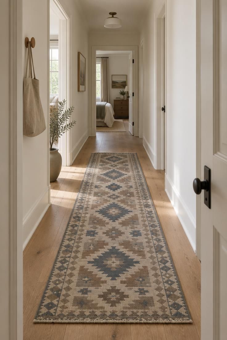 11 Calm Neutral Hallway Ideas for a Welcoming Come-Home 3 Long hallway with warm white walls, a patterned flatweave runner in stone and slate tones centered on wide wood floors, ending before a doorway.