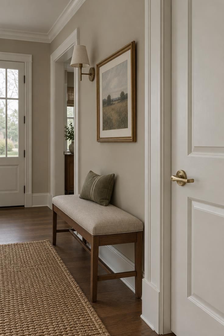 11 Calm Neutral Hallway Ideas for a Welcoming Come-Home 4 Close view of soft putty walls meeting warm white trim on a door casing, baseboard, and ceiling, with a jute rug and small cushioned bench nearby.