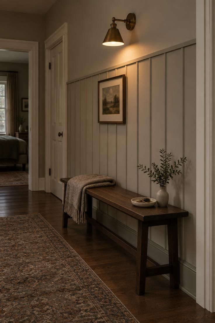 11 Calm Neutral Hallway Ideas for a Welcoming Come-Home 5 Hallway with vertical board-and-batten paneling in pale greige, a deeper greige baseboard, and a narrow wood bench against the paneled wall.