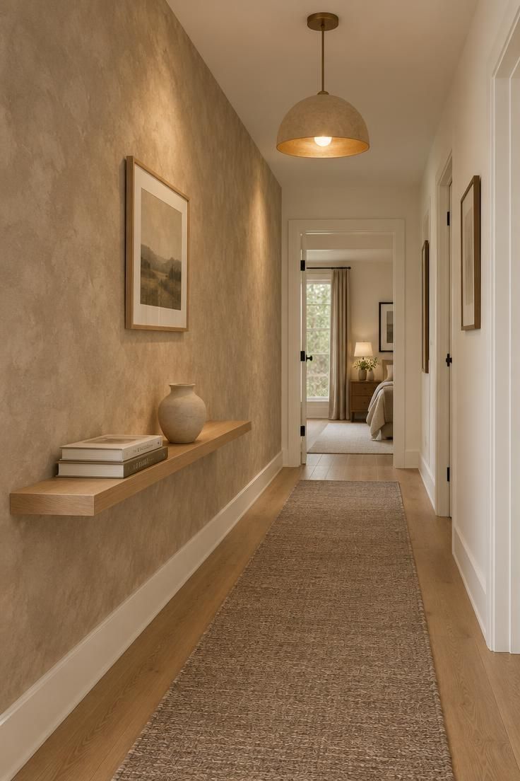 11 Calm Neutral Hallway Ideas for a Welcoming Come-Home 6 Hallway with one long wall in warm mushroom limewash plaster, a slim floating oak shelf with a ceramic vessel, and warm white walls opposite.