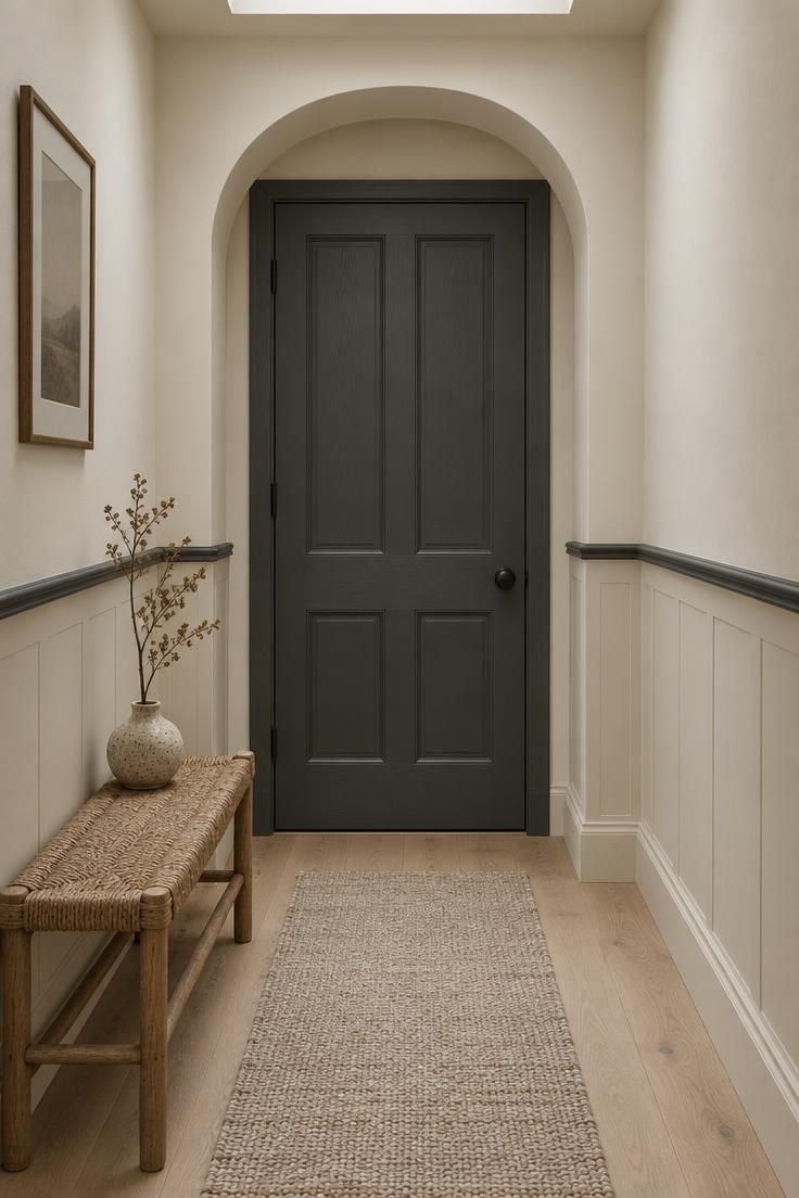 11 Calm Neutral Hallway Ideas for a Welcoming Come-Home 7 Hallway with a charcoal door inside a pale greige arch reveal, off-white wainscoting, a jute bench, dried branch in a ceramic vase, and an oatmeal runner on oak flooring.