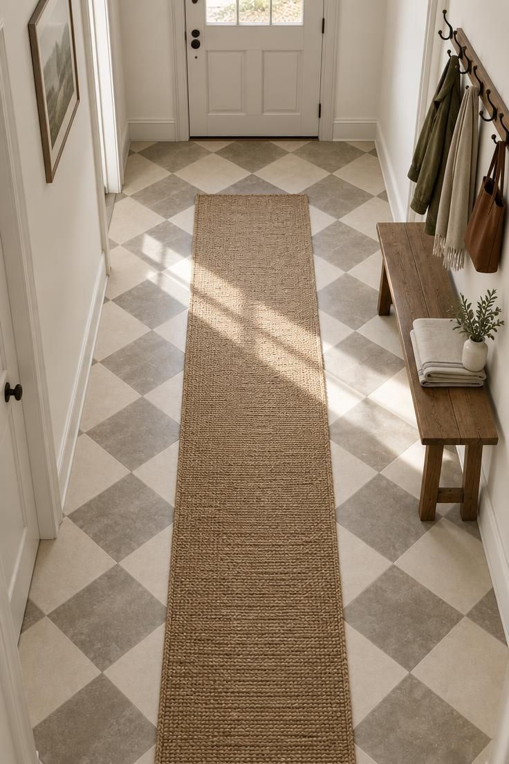 11 Calm Neutral Hallway Ideas for a Welcoming Come-Home 8 Overhead view of a hallway with a muted stone and ivory checkerboard floor, warm white walls, and a slim jute runner down the center.