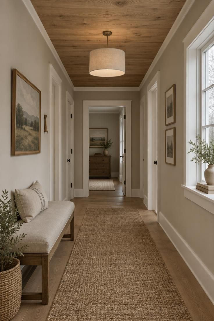 11 Calm Neutral Hallway Ideas for a Welcoming Come-Home 9 Hallway with oatmeal walls, a warm oak plank ceiling, warm white trim, a wheat linen bench, and a natural fiber runner.