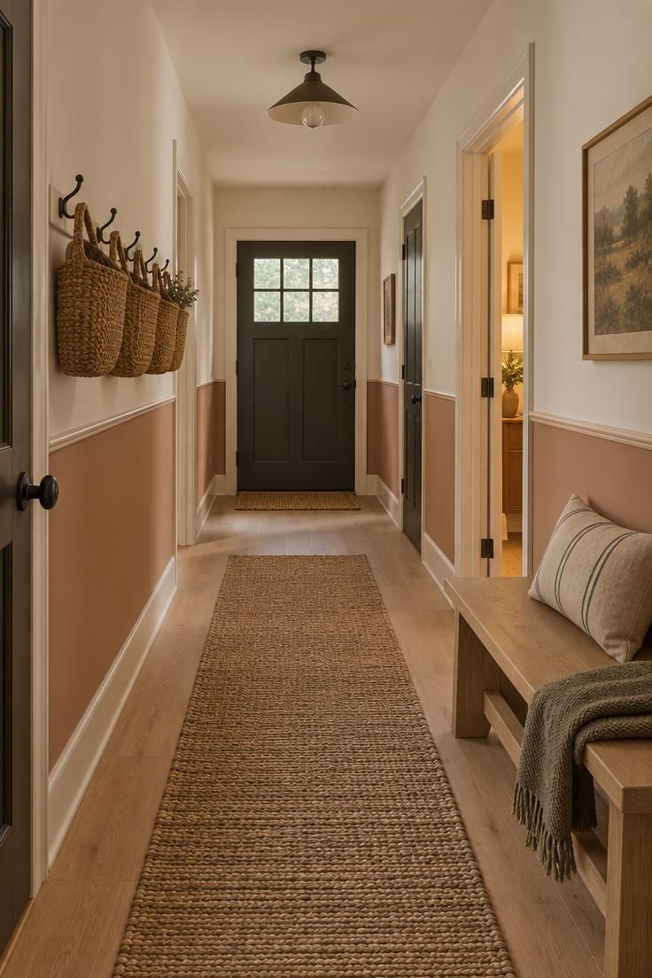 11 Calm Neutral Hallway Ideas for a Welcoming Come-Home 10 Hallway with a pale clay lower wall below a chair rail, warm white upper wall, a seagrass runner, a light oak bench, and rush baskets.