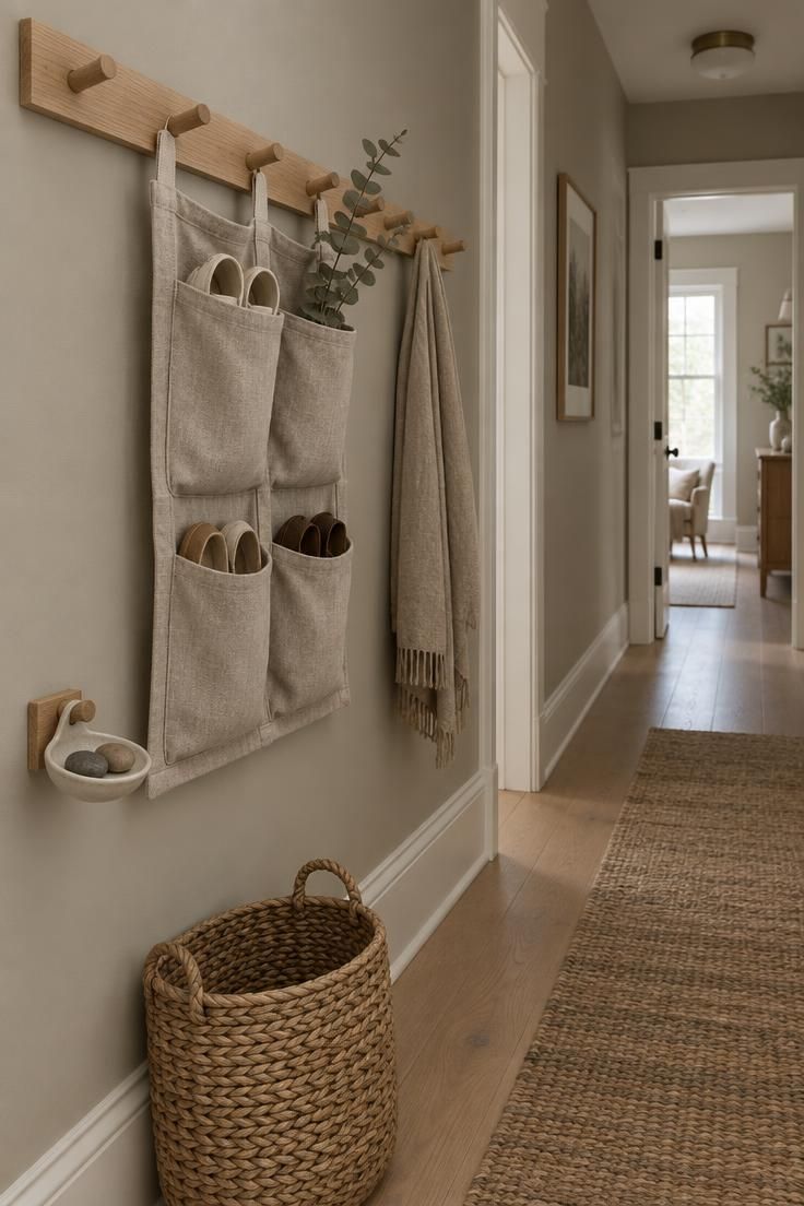 11 Calm Neutral Hallway Ideas for a Welcoming Come-Home 11 Hallway with soft greige walls, a pale oak peg rail holding a natural linen shoe pouch, a woven seagrass basket below, and a branch of dried eucalyptus.
