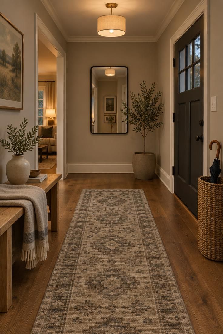 Simple Spaces 26 Softly lit entry hallway with pale greige walls, warm white trim, a stone and mushroom patterned runner, an oak bench with wool throw, and a black-framed mirror.