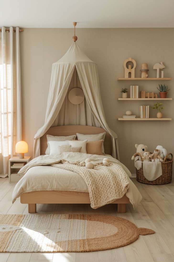 Neutral kids bedroom with warm greige walls, natural oak platform bed, layered ivory bedding, and a sheer canopy reading nook