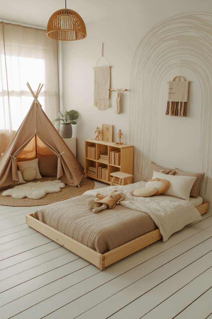 Montessori-inspired neutral kids room with a low birch floor bed, natural canvas tepee, and rattan pendant light
