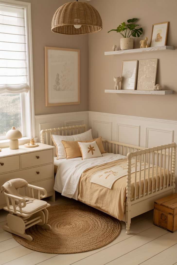 Neutral toddler bedroom with white spindle crib, wainscoting walls, boucle glider, and warm jute rug