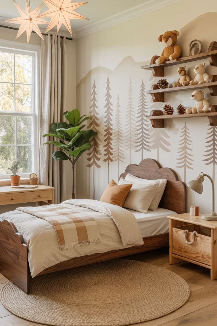 Gender-neutral woodland-themed kids bedroom with a taupe tree mural, dark walnut bed, fiddle leaf fig, and oatmeal rug