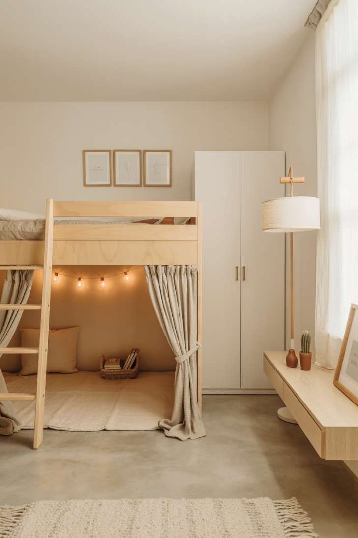 Scandinavian-inspired neutral kids bedroom with a birch loft bed, under-bed reading nook, limewash walls, and flokati rug