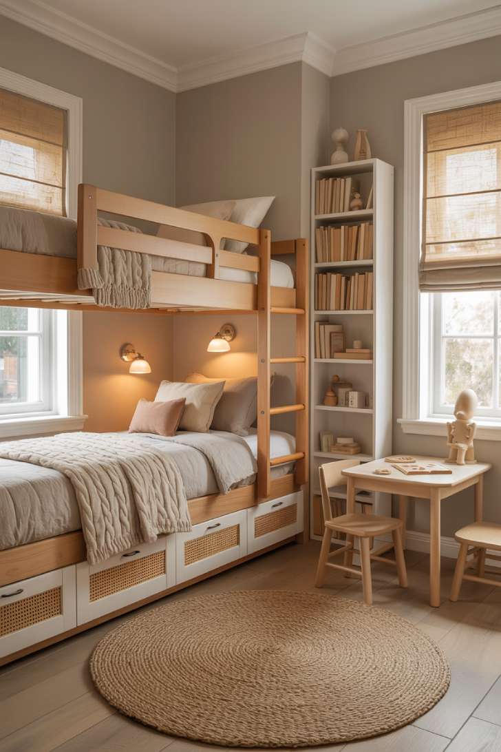 Shared neutral kids bedroom with a white oak bunk bed, rattan-front dresser, sisal rug, and brass wall sconces