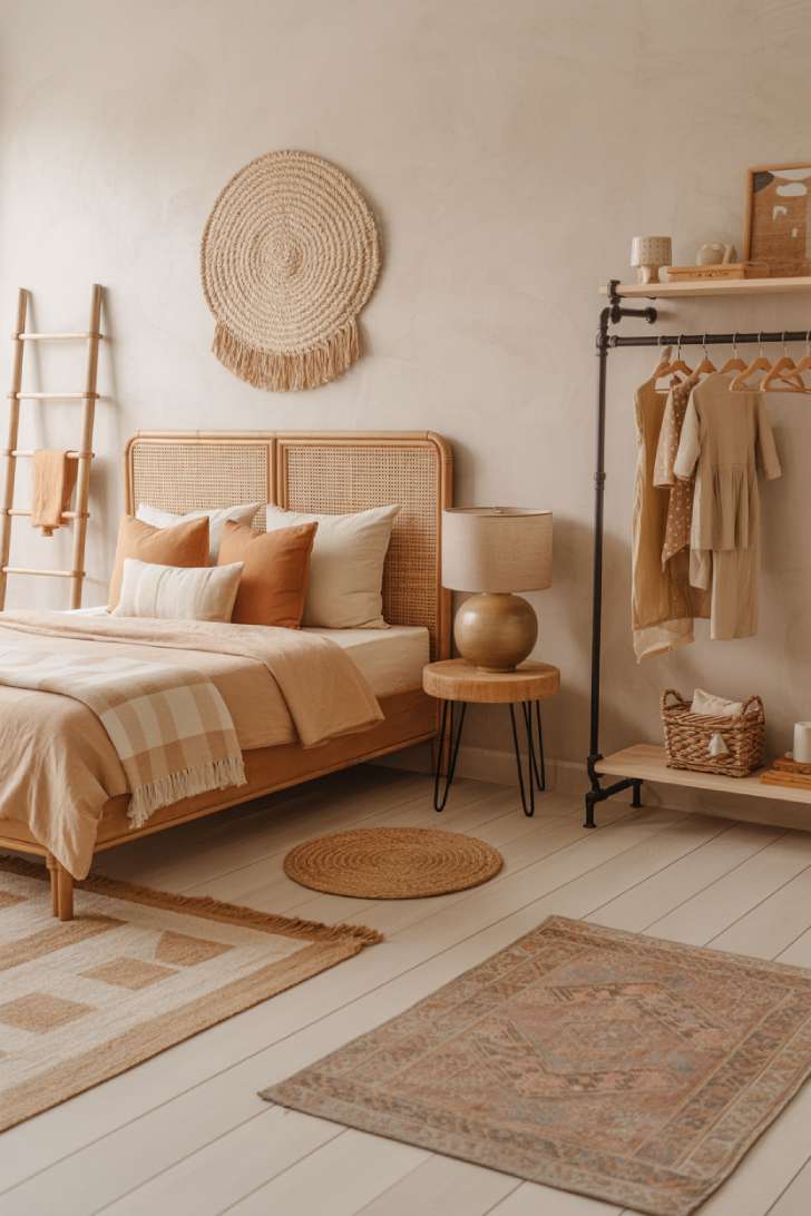 Boho-neutral kids bedroom with a cane headboard, kilim rug, pampas grass, and layered cream and tan textiles