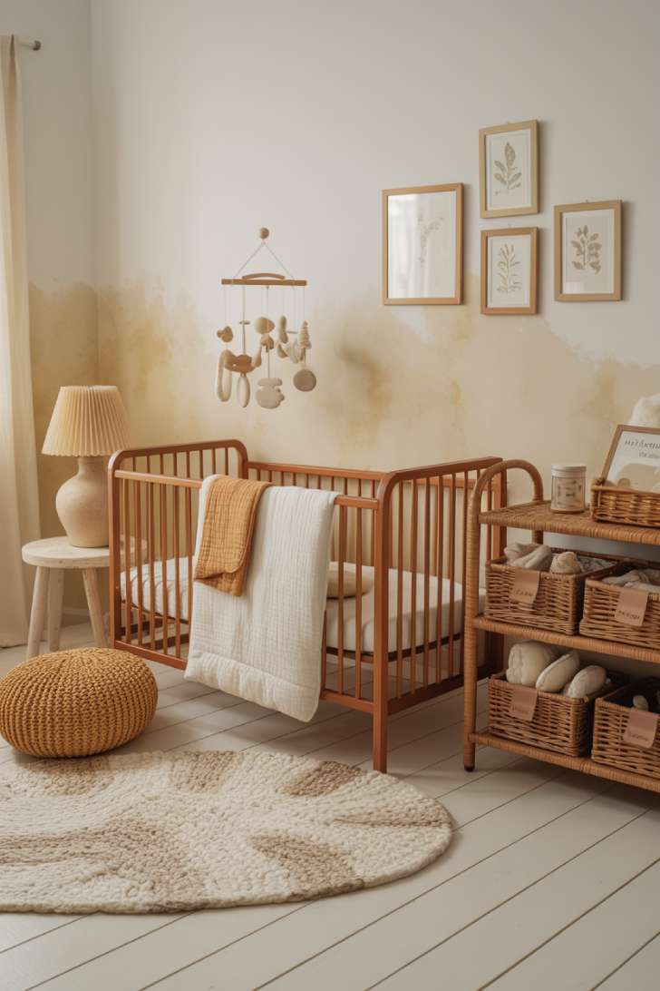 Gender-neutral nursery with limewash walls, mango wood convertible crib, rattan storage shelf, and a wooden mobile