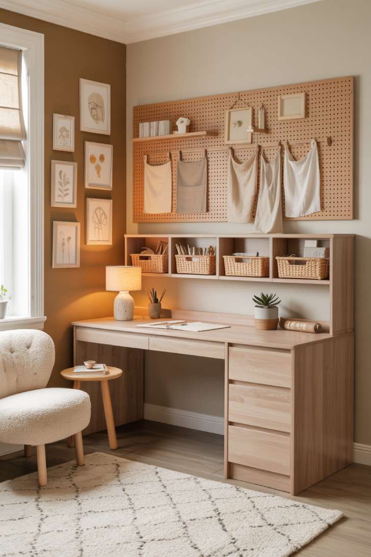 Neutral kids bedroom with a light ash loft bed, integrated desk workspace, pegboard art organization, and mushroom accent wall