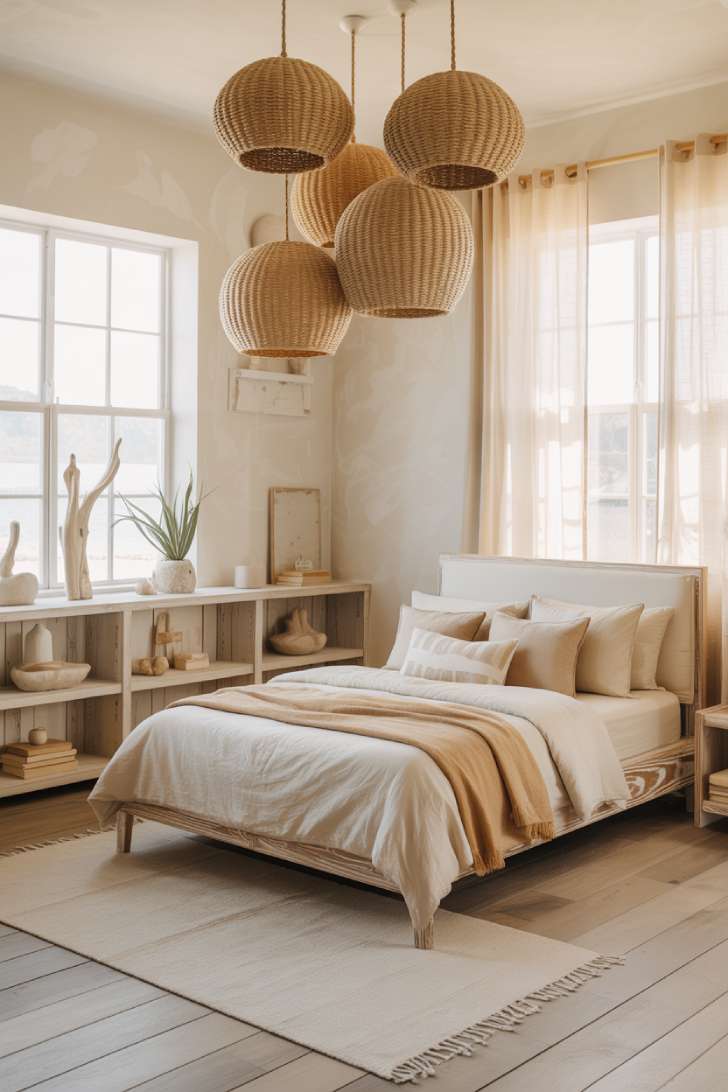 Coastal organic neutral kids bedroom with a driftwood-finish bed, seagrass pendant cluster, built-in window seat, and blonde hardwood floors