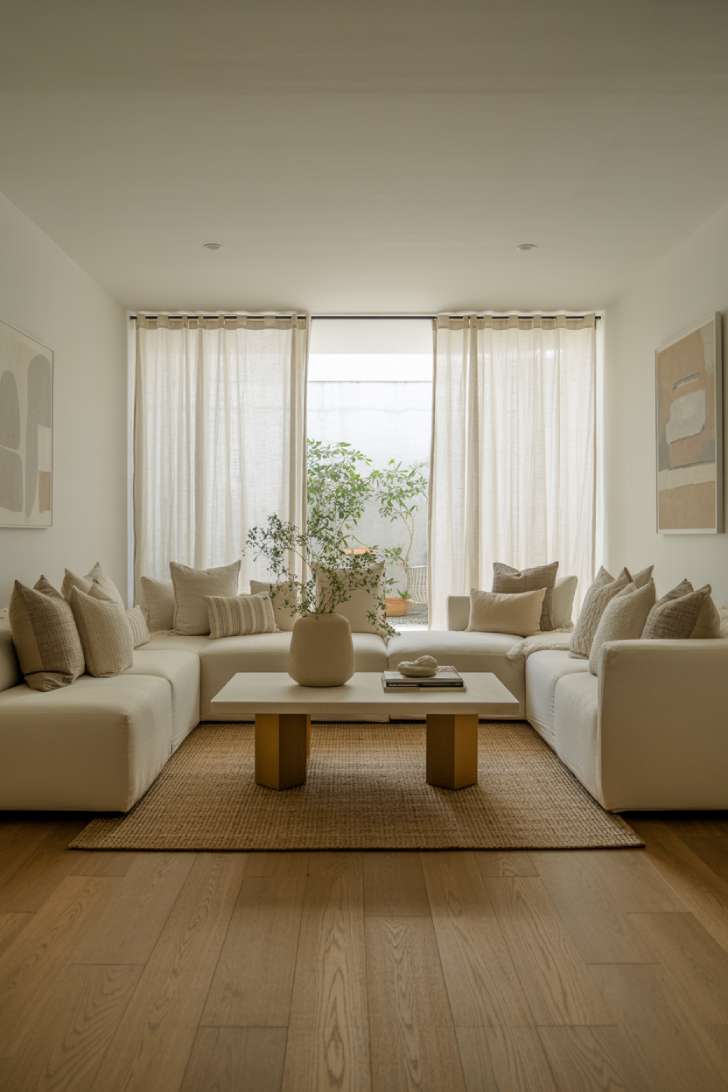 Frontal view of neutral living room featuring white linen curtains and oak floors