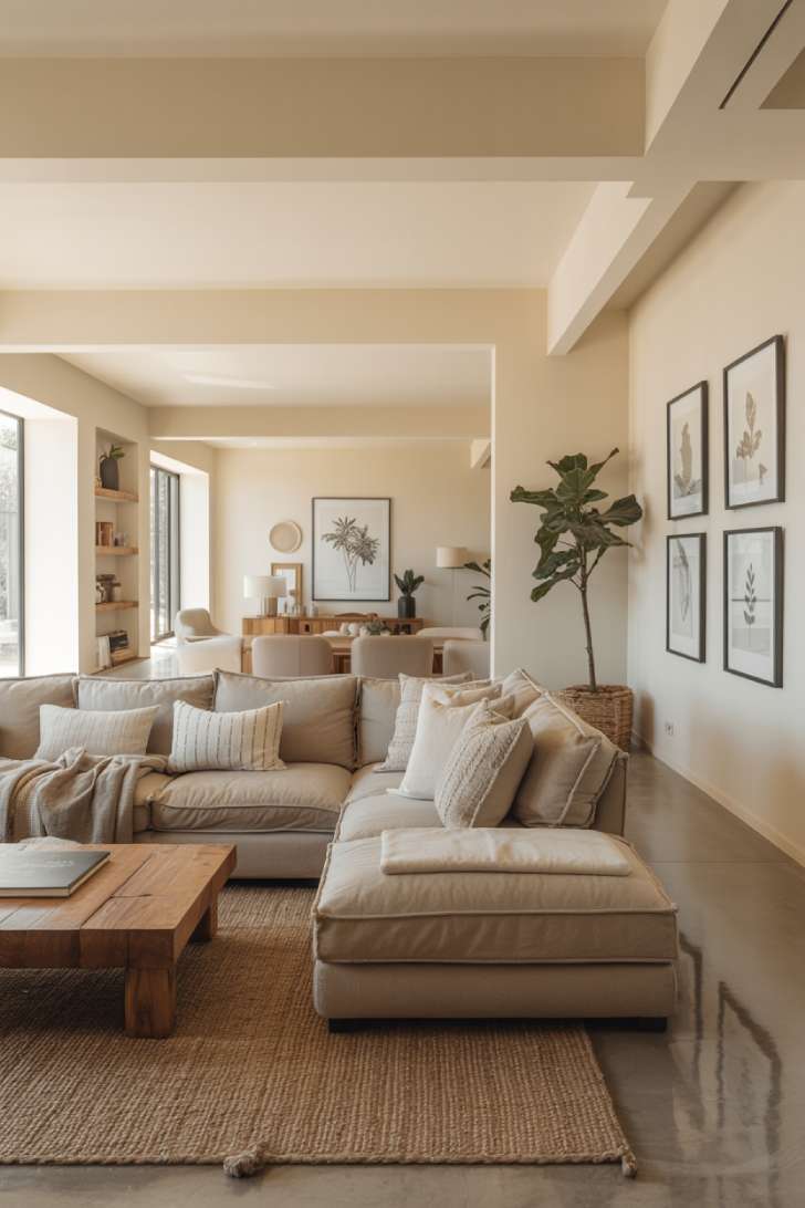 Clean minimalist living room with gallery wall of botanical prints