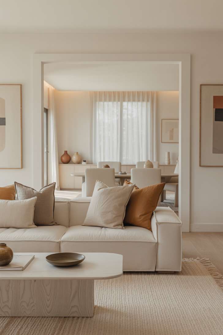 Neutral living room showcasing white oak coffee table and sheer curtains