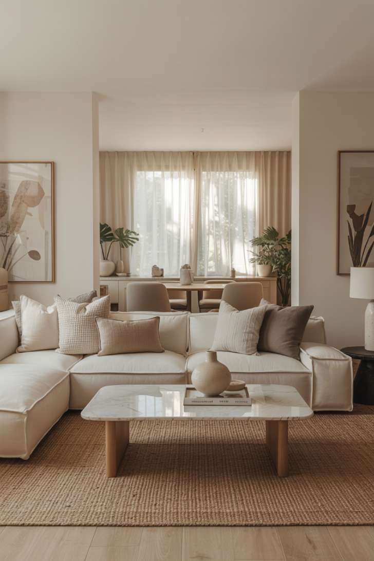 Living room featuring white marble coffee table and botanical artwork