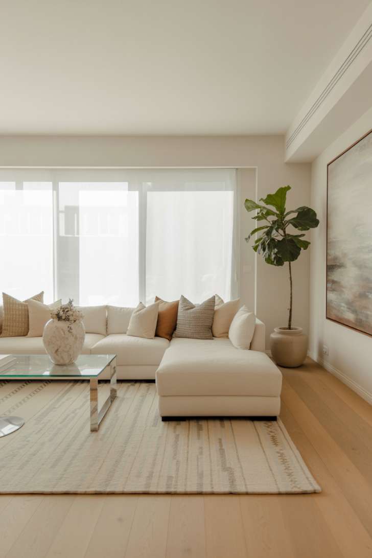 Neutral living room with glass coffee table and chrome legs
