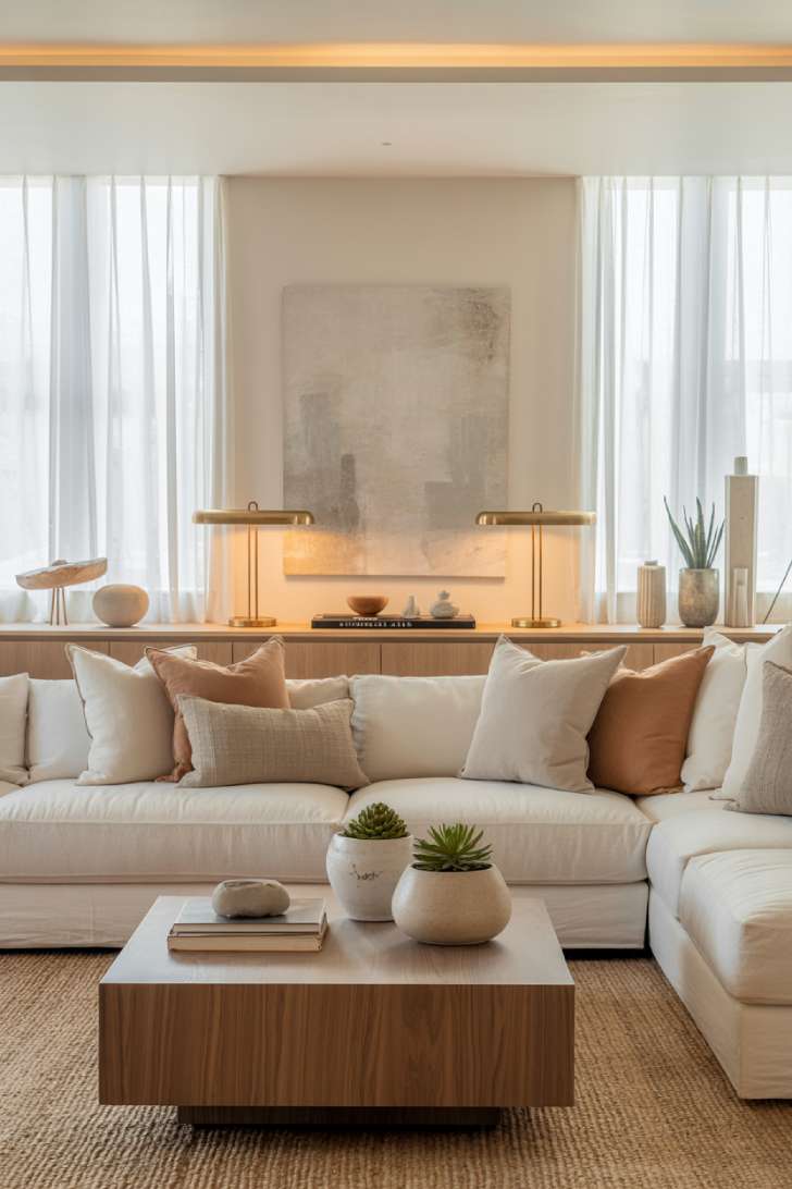 Frontal view featuring low walnut coffee table and brass lamps
