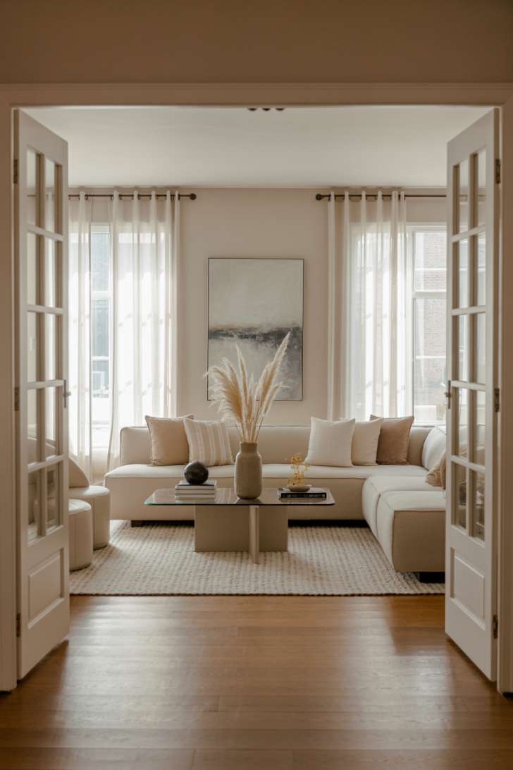 Minimalist living room photographed from entrance with ivory area rug