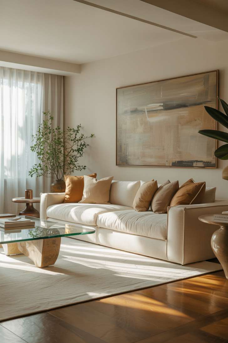 Living room featuring glass coffee table with natural wood base