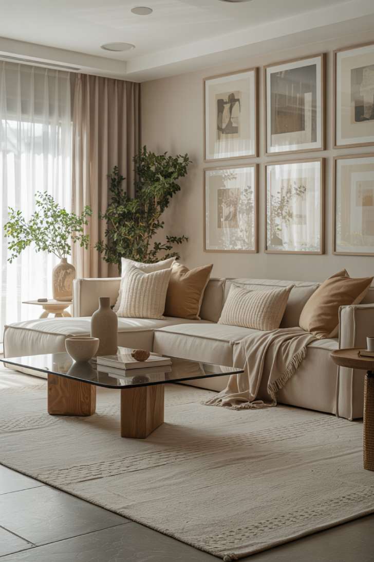 Neutral living room with gallery wall and geometric area rug