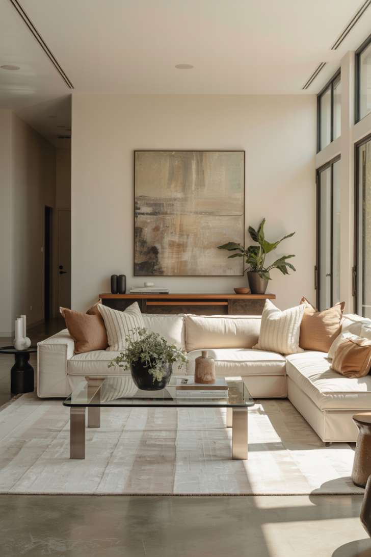 Modern living room with glass coffee table and brushed steel legs