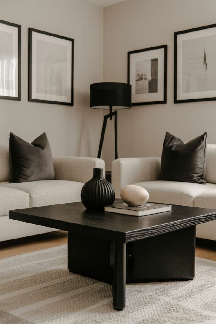 Contemporary living room with black coffee table and picture frames