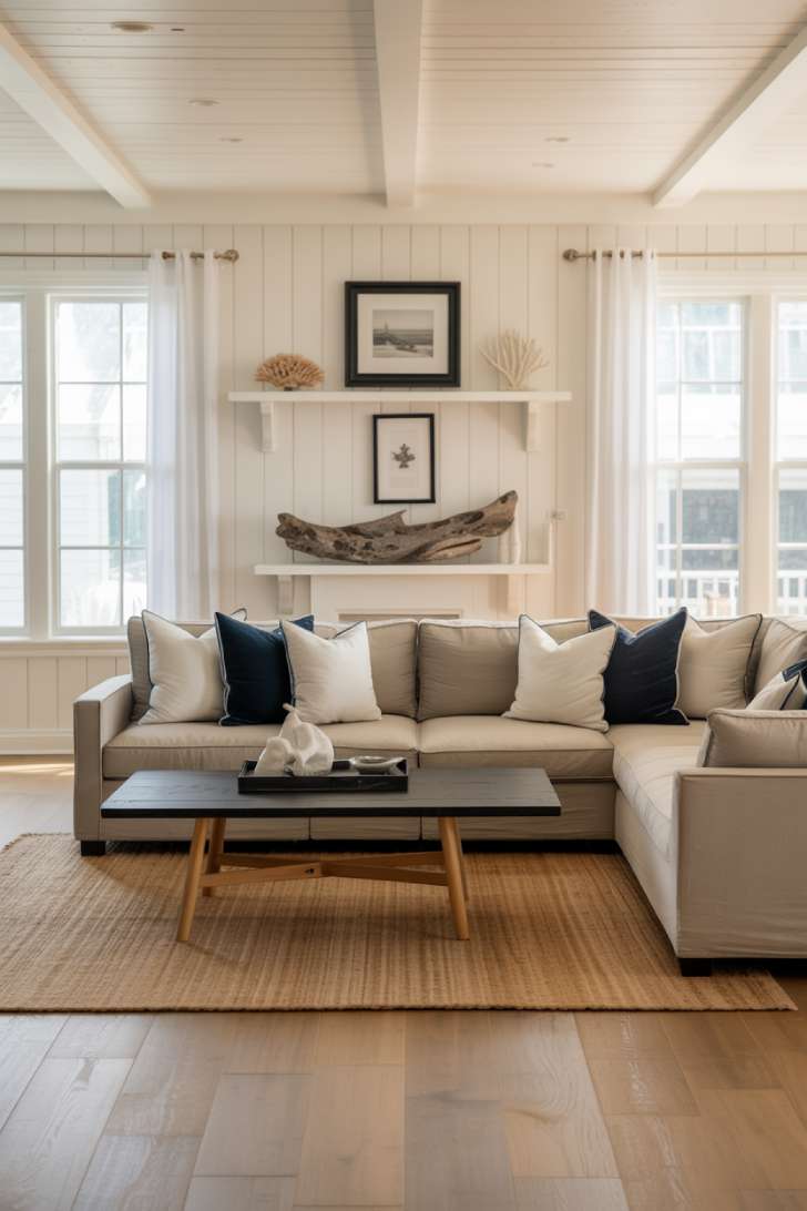 Coastal living room inspiration with whitewashed shiplap walls
