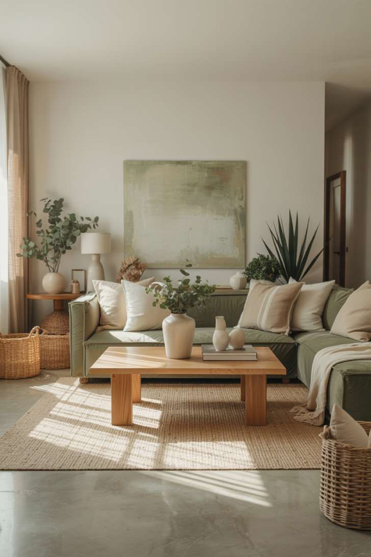 Living room showcasing sage green sectional sofa and eucalyptus plants