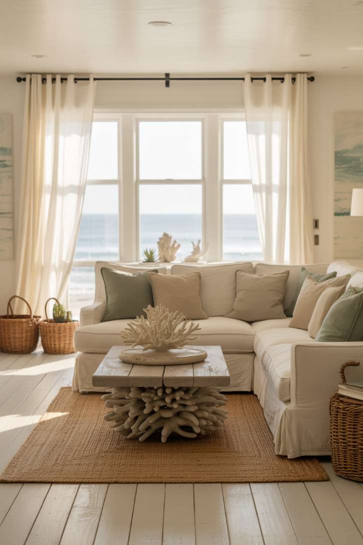 Serene coastal living room with driftwood coffee table