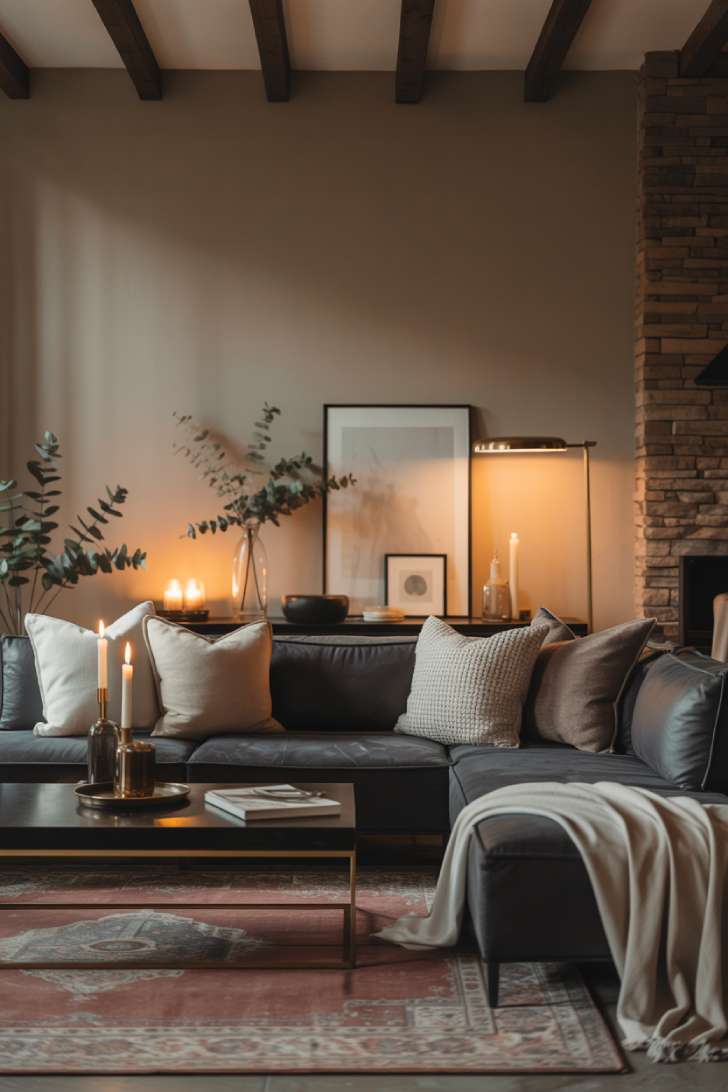 Sophisticated moody living room with brass accents and candlelight