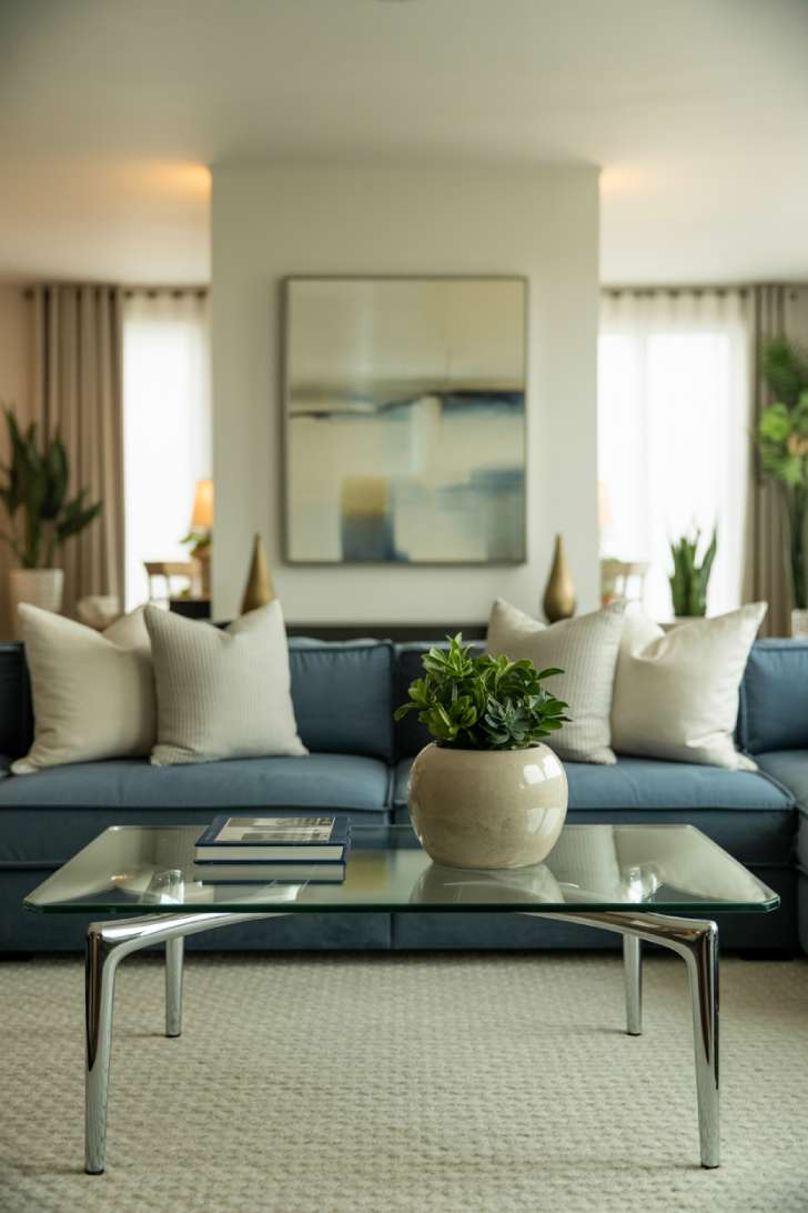 Modern living room with navy blue sectional and chrome details