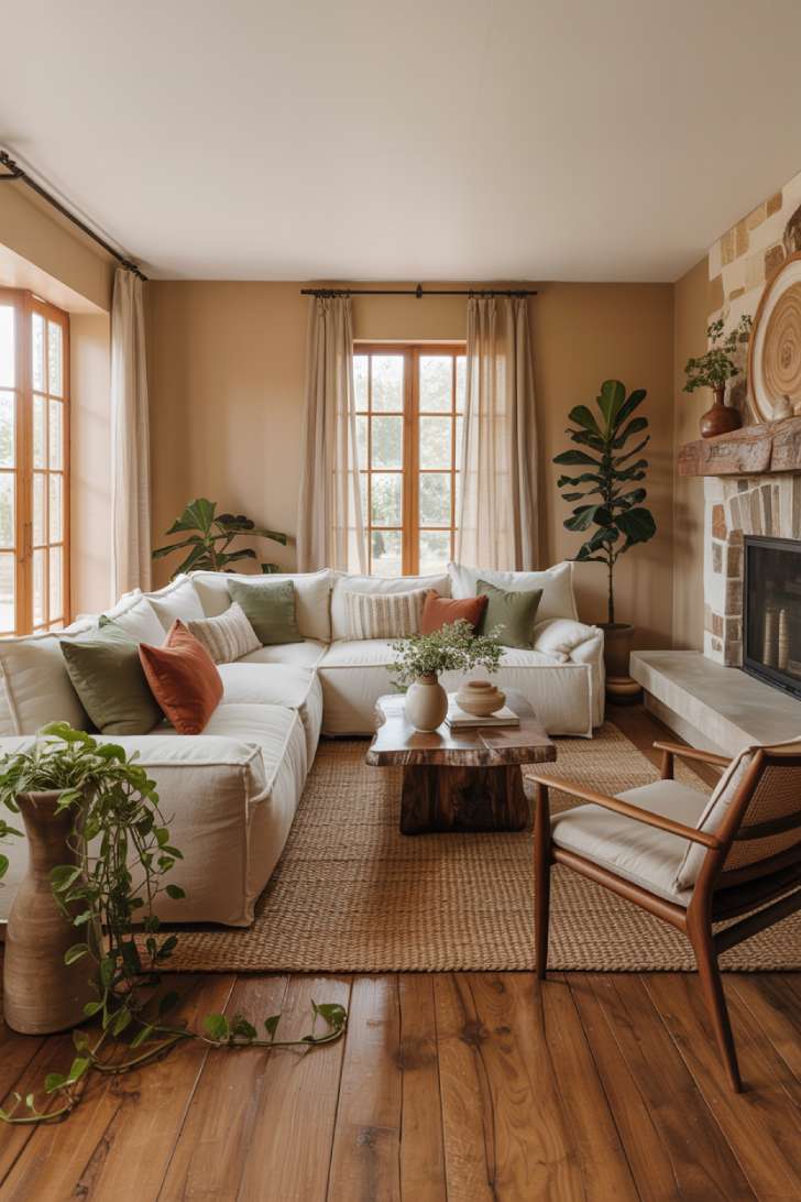 Spacious living room featuring natural stone fireplace and live-edge table