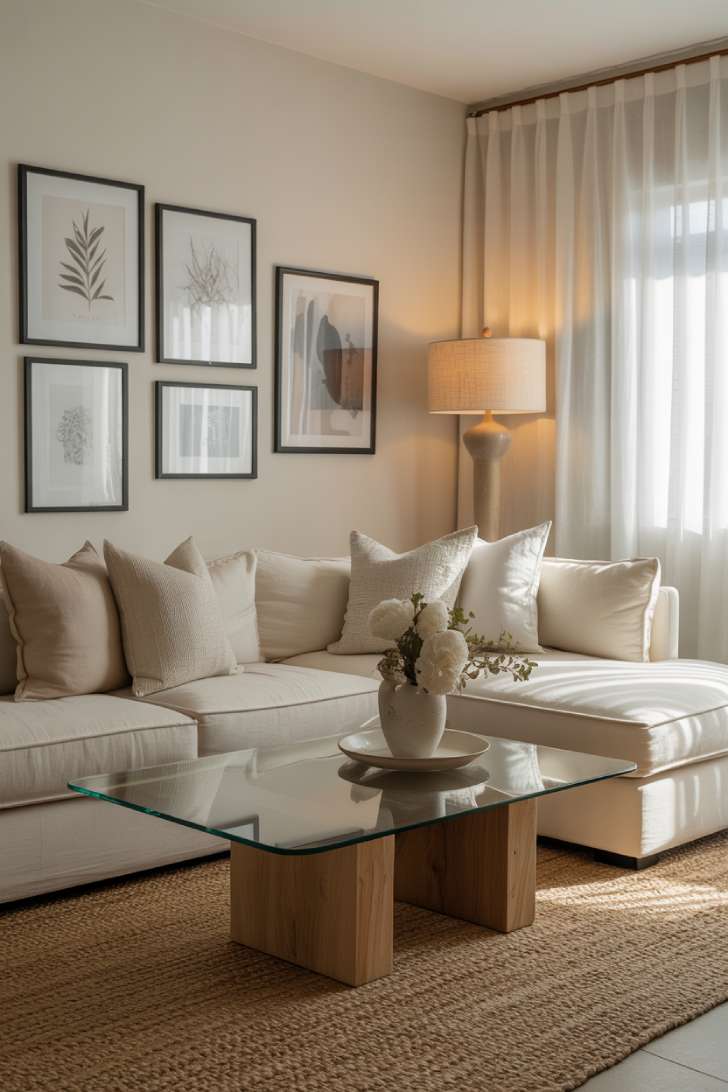 Small neutral living room with botanical prints gallery wall