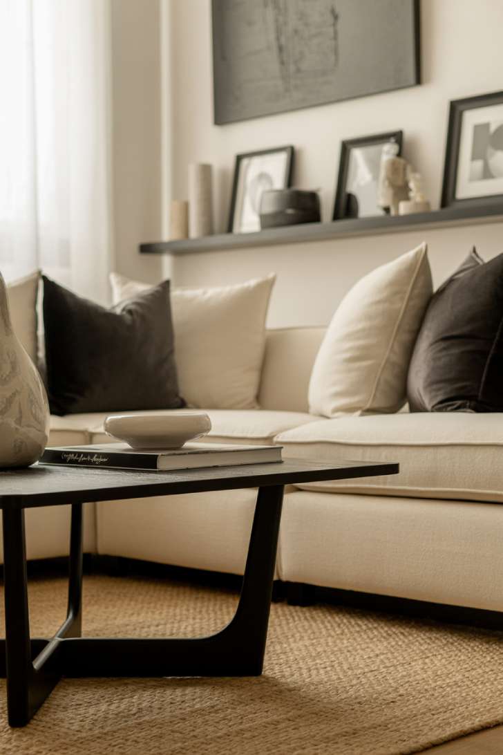Ivory sectional sofa with charcoal pillows, black coffee table, floating shelves with black frames, abstract gray artwork, and a jute rug in a warm neutral living room