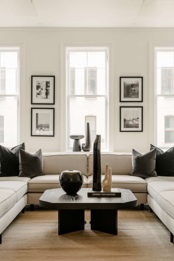 Light gray sectional sofa with charcoal pillows, black coffee table, black ceramic vase, geometric sculptures, and a beige area rug in a bright minimalist living room