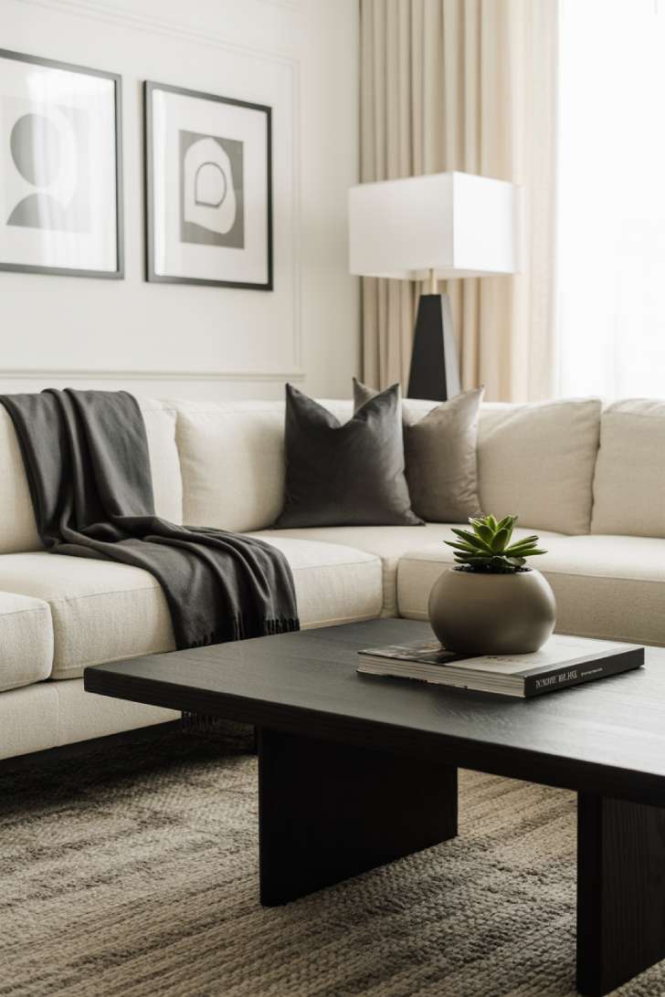Cream sectional sofa with charcoal pillows and black cashmere blanket, black coffee table with succulent in matte black planter and stacked books, black floor lamp with white shade
