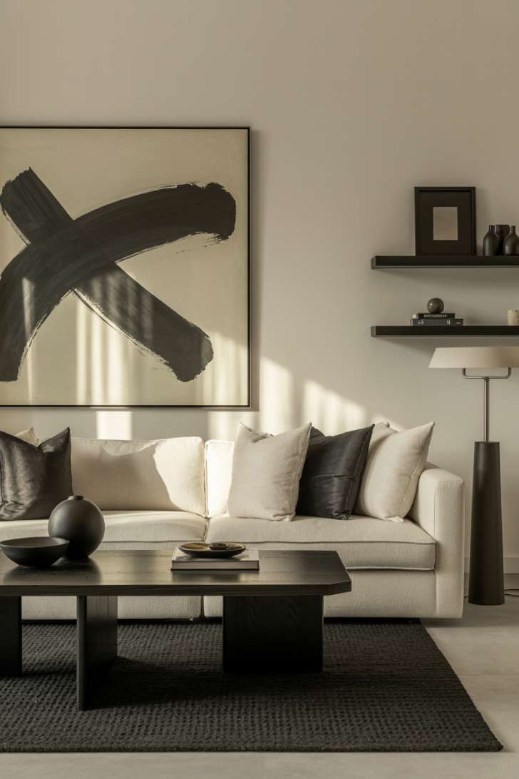 Ivory sectional sofa, black coffee table, large abstract painting with black brushstrokes, matte black floor lamp, dark picture frames on floating shelves, and black area rug