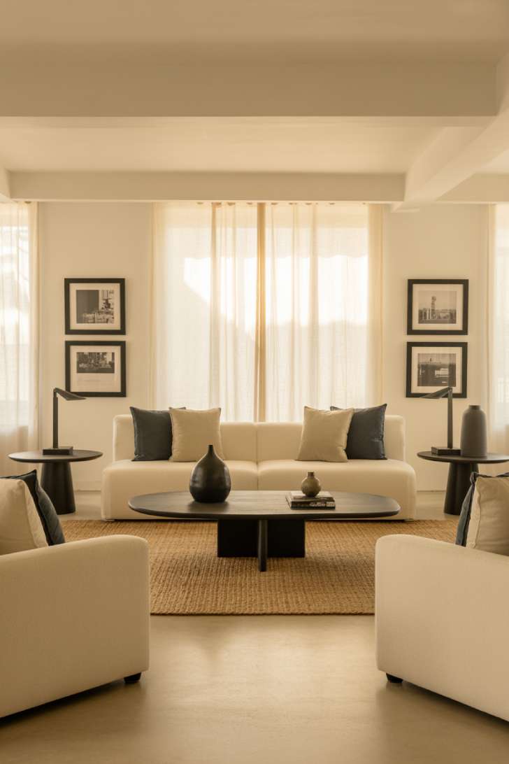 Spacious ivory sectional sofa with charcoal pillows, black geometric coffee table, symmetrically arranged black picture frames, jute rug, black metal table lamps, and black vases