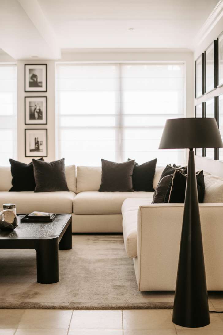Large cream sectional sofa with charcoal pillows, black geometric coffee table, black picture frames on white walls, black corner floor lamp, beige area rug in a sunlit modern living room